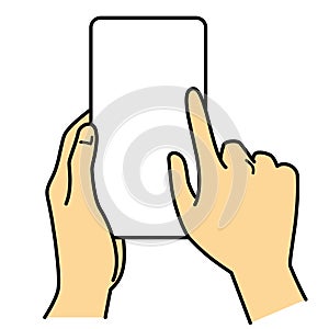 Hands holding tablet, touching screen, illustration image